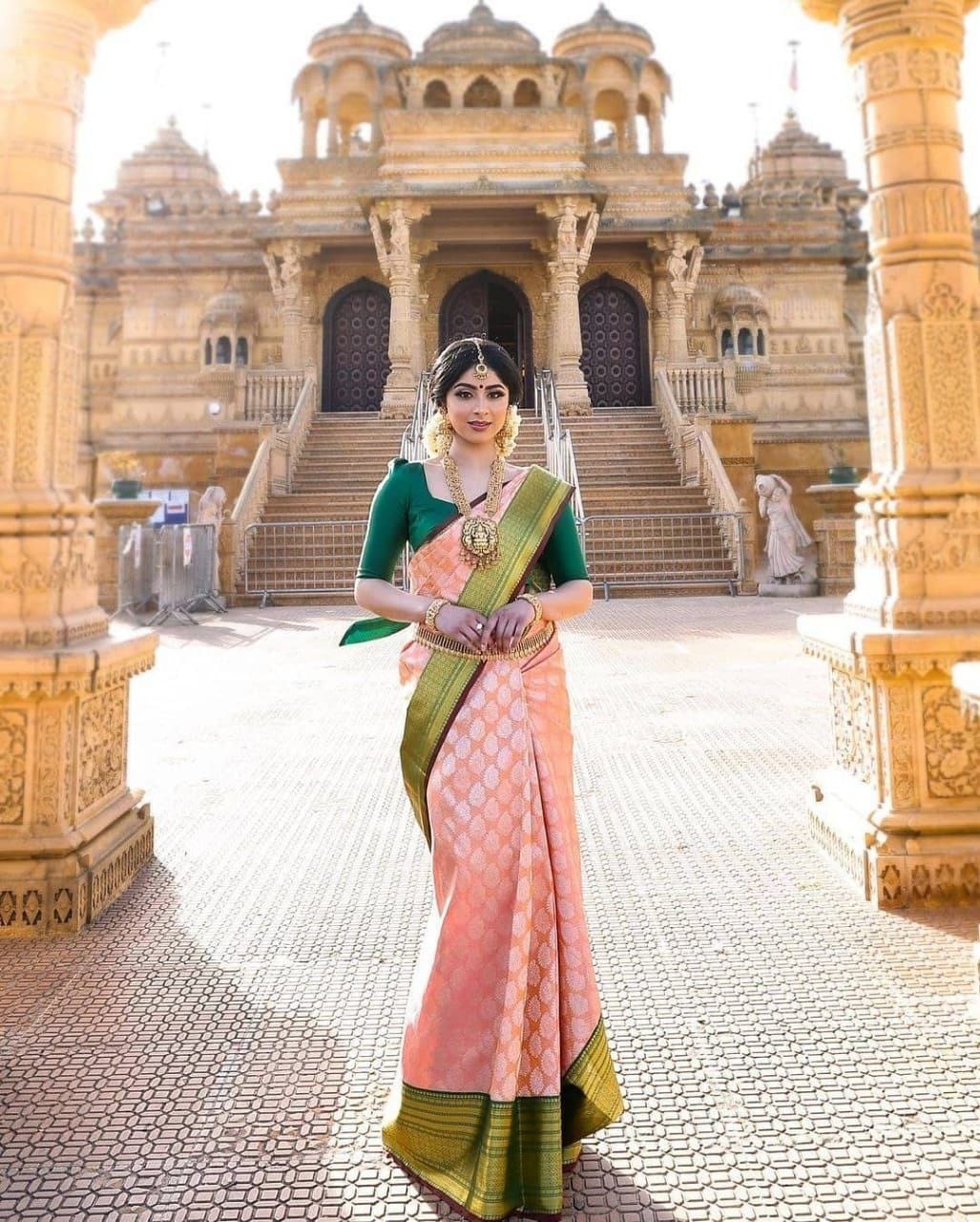 Charming Pink With Green Color Soft Banarasi Silk Saree