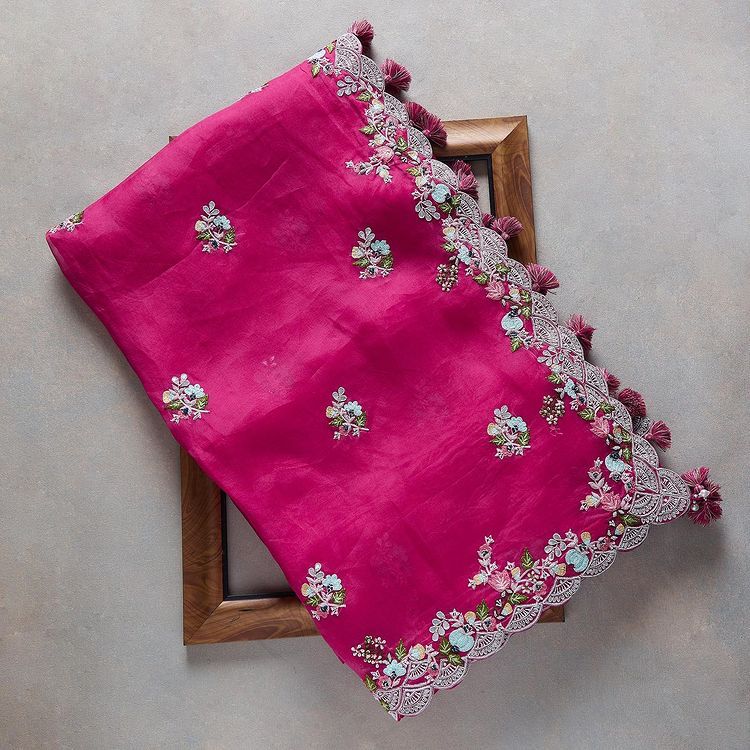 Stylish Pink Color Sequence & Embroidery Work Organza Saree