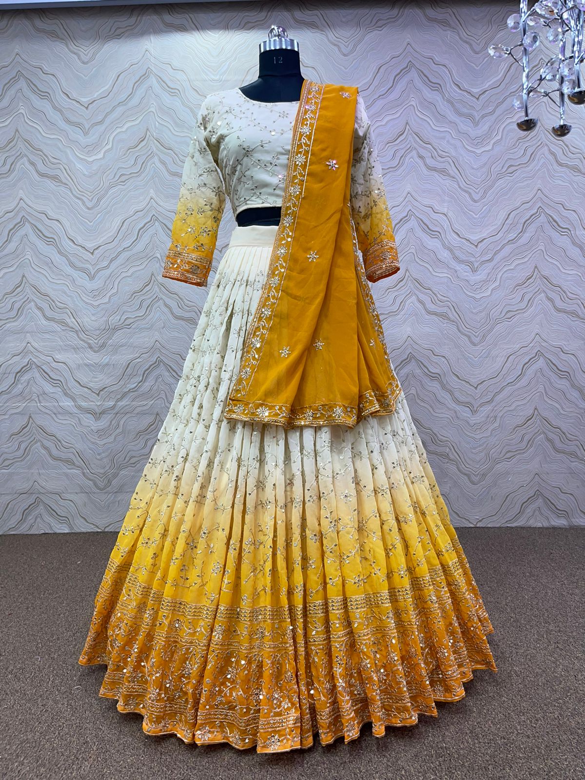 Buy Yellow Dupion Silk White Printed Lehenga with Choli Leheriya Dupatta  for Girls Online