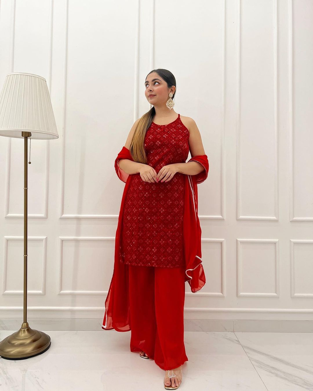 Beautiful Red Color Thread Sequin Work Plazzo Suit