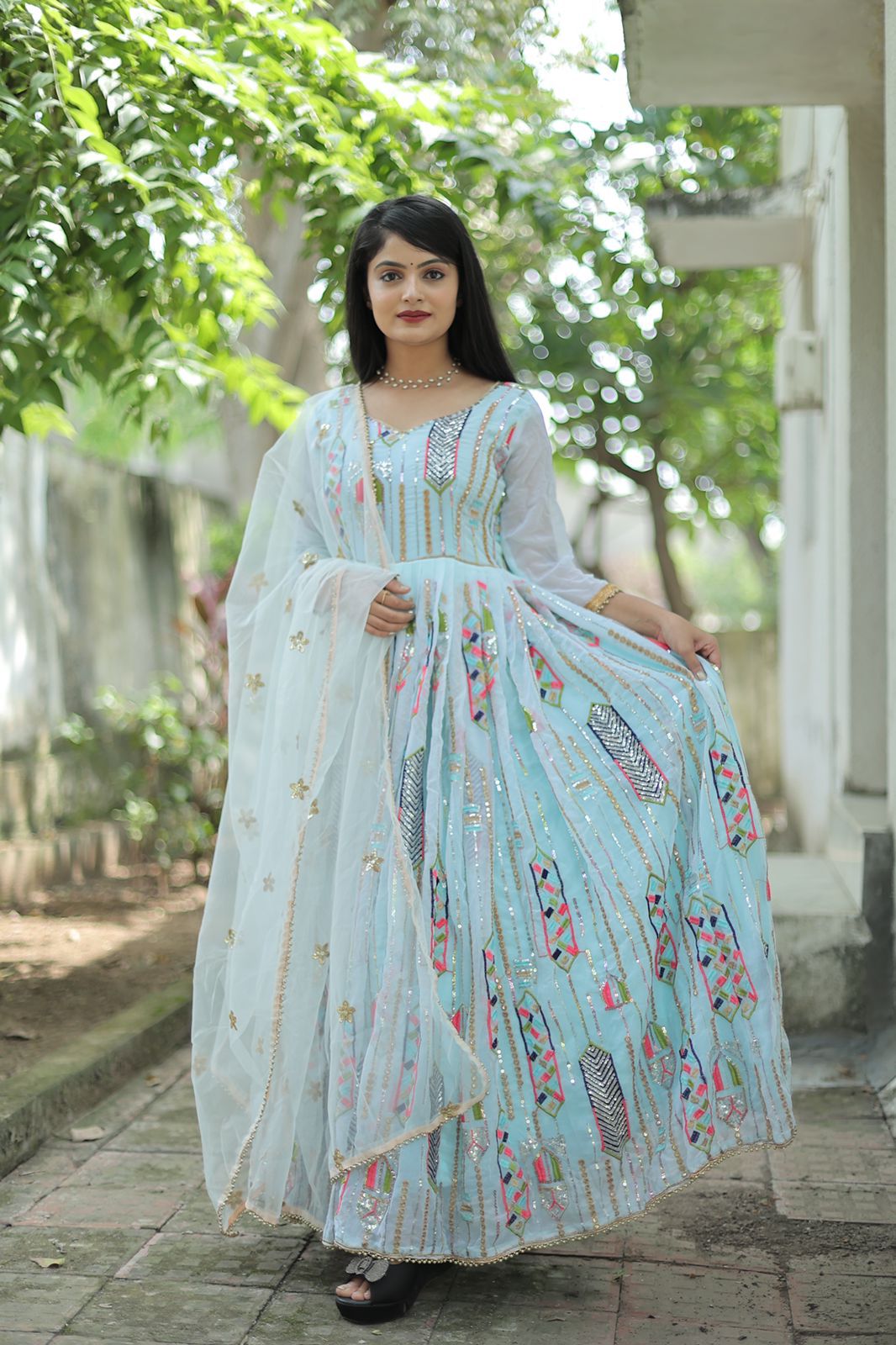 Designer Sky Blue Sequence Embroidered Work Gown With Dupatta