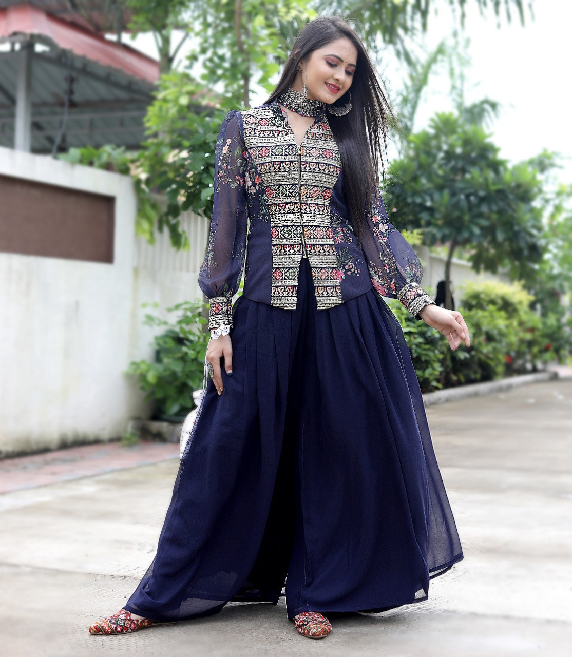 Embroidery Thread Sequence Work Navy Blue Color Designer Sharara Set