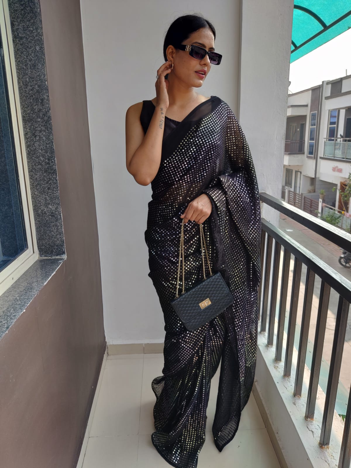 Black Color Multi Sequins Work Ready To Wear Saree