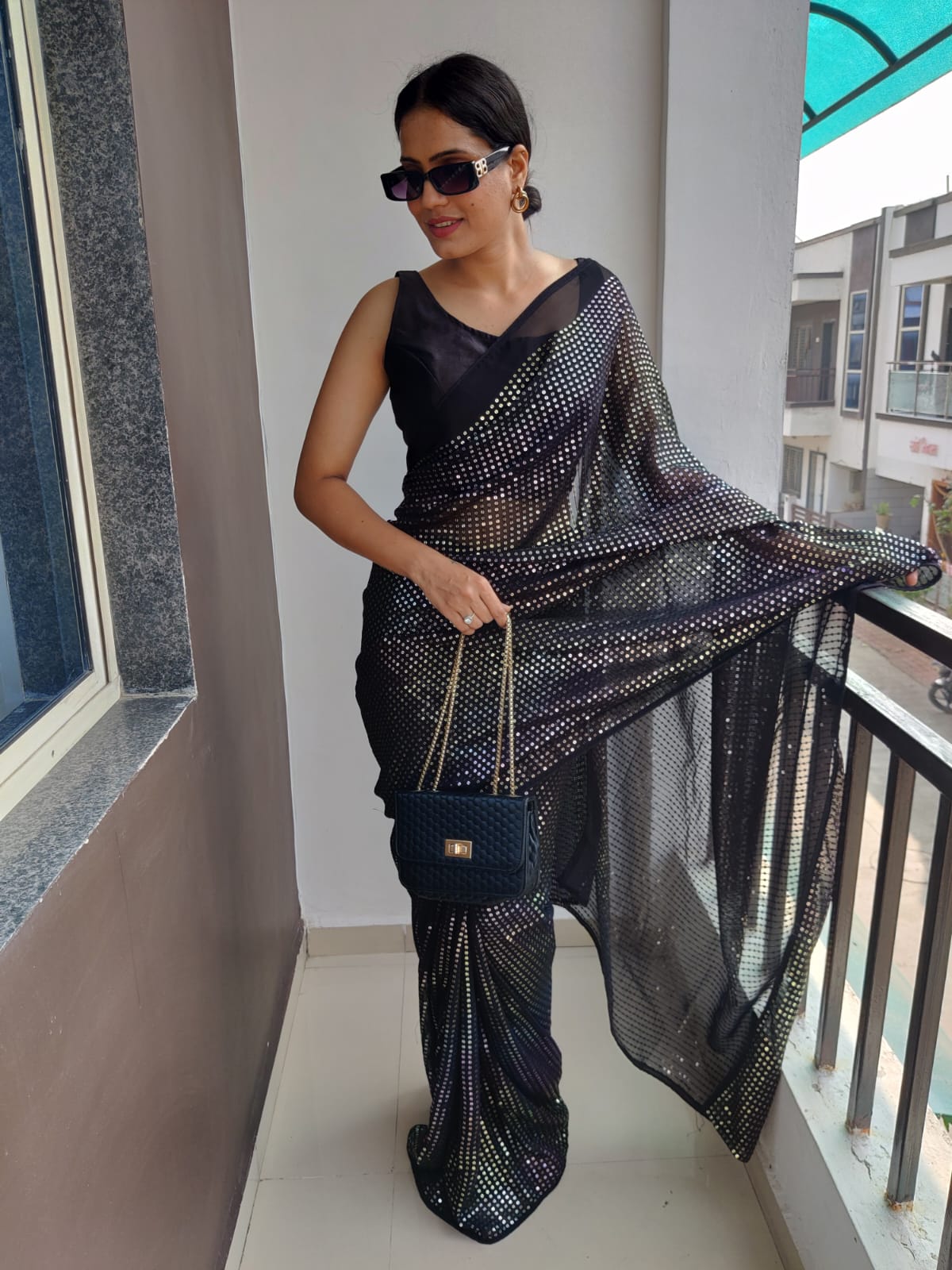 Black Color Multi Sequins Work Ready To Wear Saree