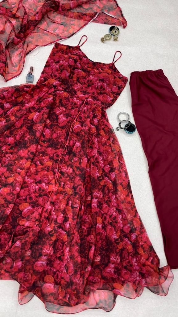 Flower Print Red Color Anarkali Gown