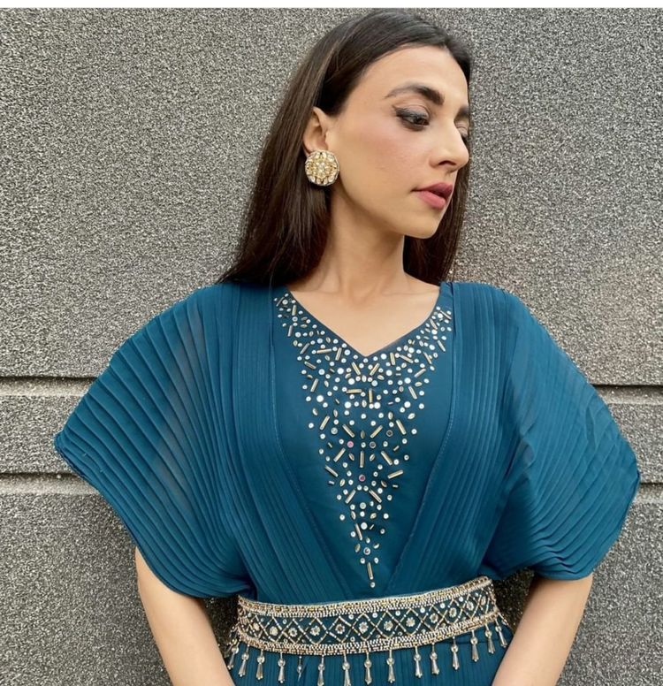 Designer Teal Blue Color Khatli Work Pleated Gown