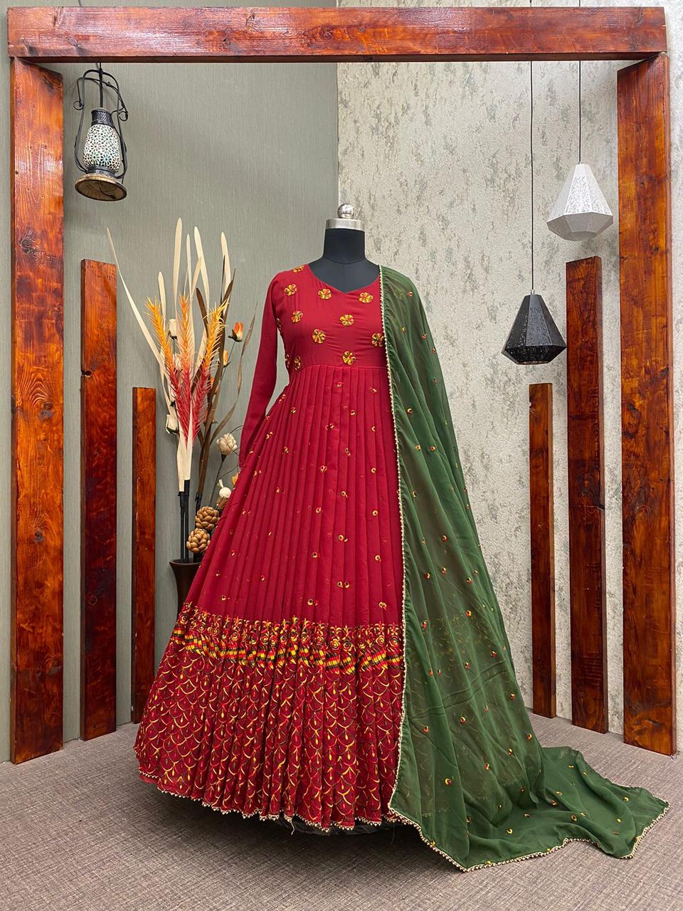 Amazing Red Color Thread Embroidered Work Gown With Dupatta