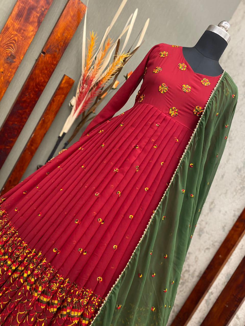 Amazing Red Color Thread Embroidered Work Gown With Dupatta