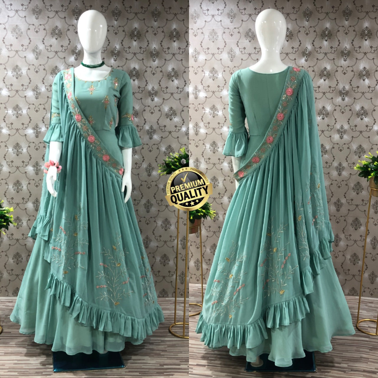 Designer Different Way Wearing Pista Green Color Stylish Gown