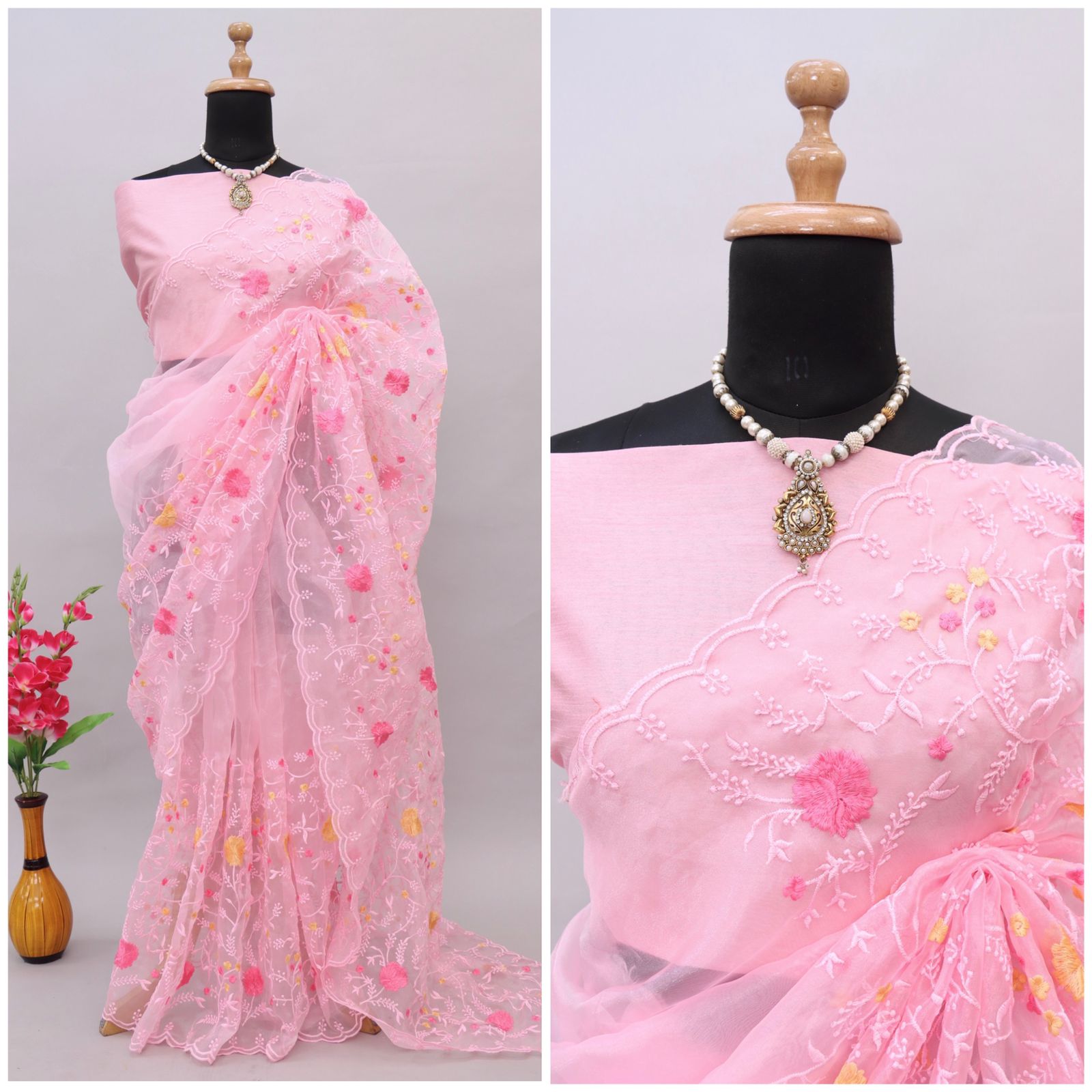 Light Pink Color Multi Thread Work Organza Silk Saree