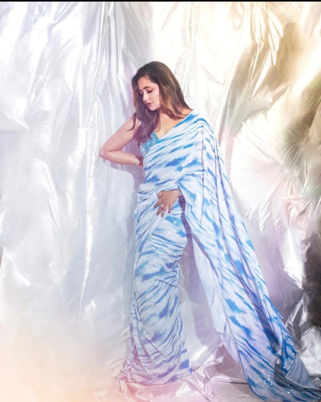 Blue And White Color Soft Georgette Silk Prism Print Sequence Saree