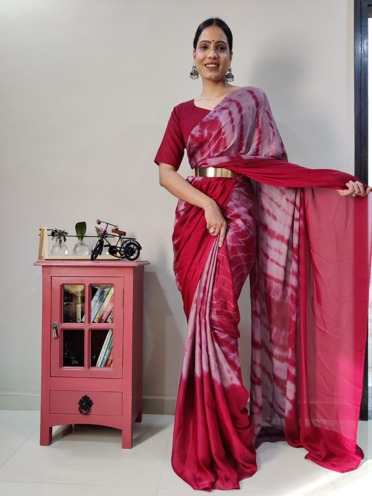 Pink Color Ready To Wear Tie-Dye Printed Saree