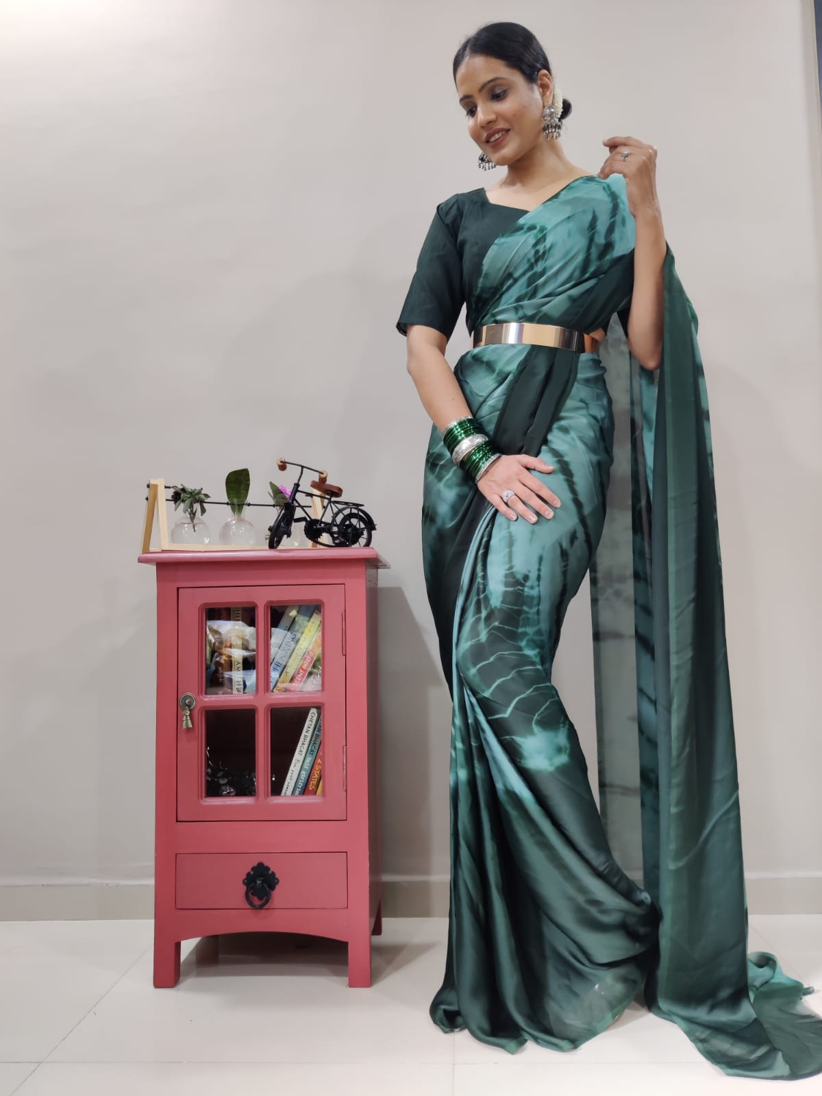 Green Color Ready To Wear Tie-Dye Printed Saree