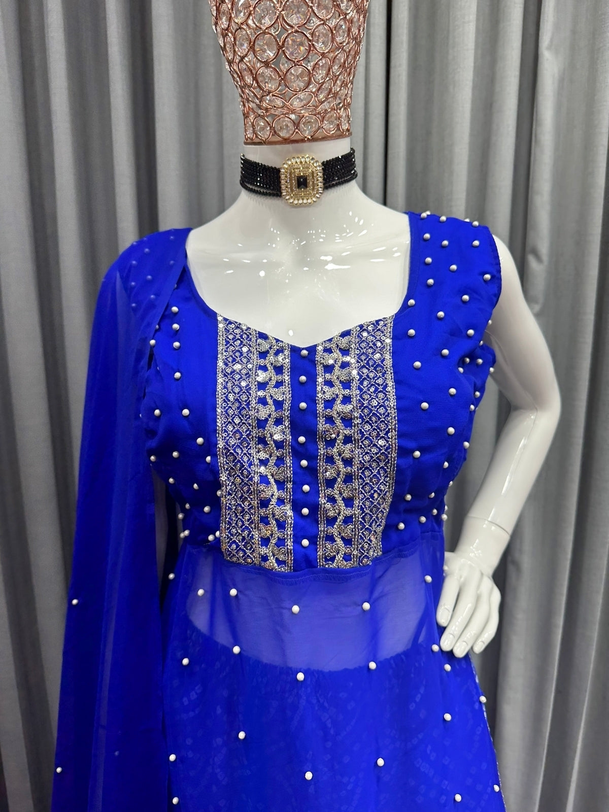 Fancy Blue Color Thread With Pearl Work Plazzo Suit