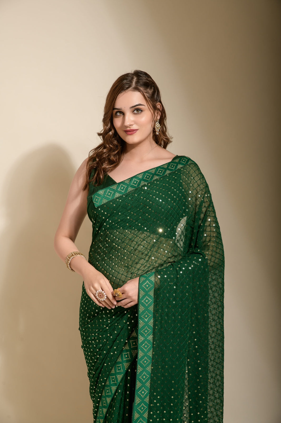 Beautiful Ready To Wear Green Color Sequence Work Saree