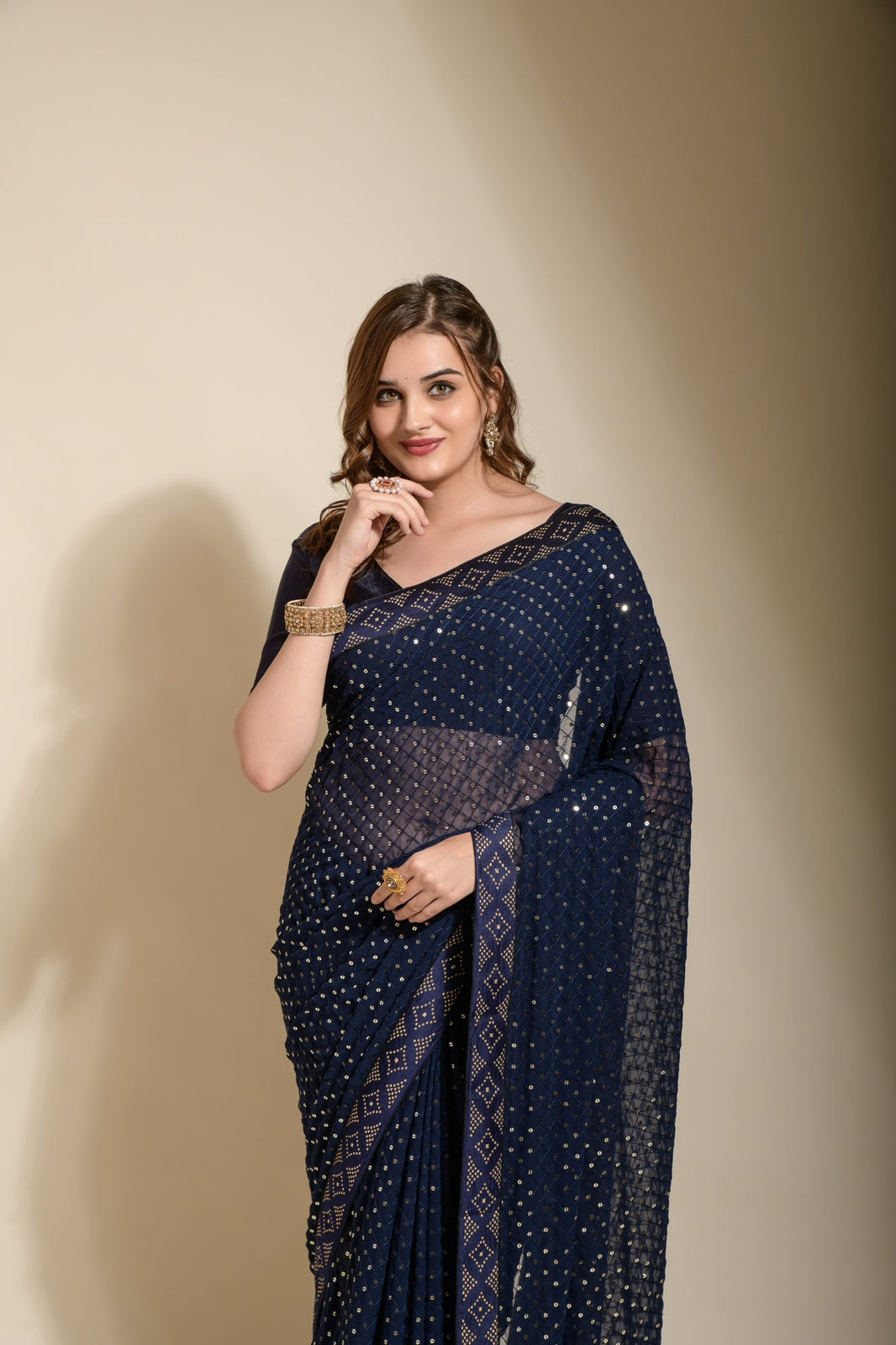 Beautiful Ready To Wear Navy Blue Color Sequence Work Saree