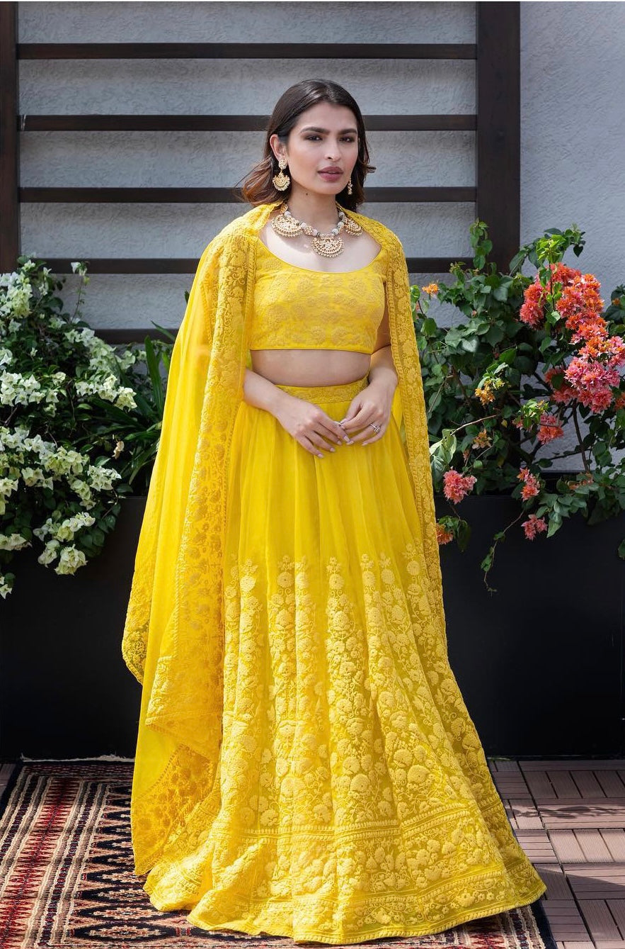 Haldi Wear Yellow Color Embroidery Silk Lehenga Choli