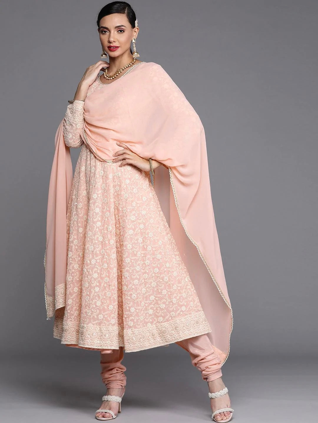 Peach Color Chikankari Thread Work Anarkali Gown