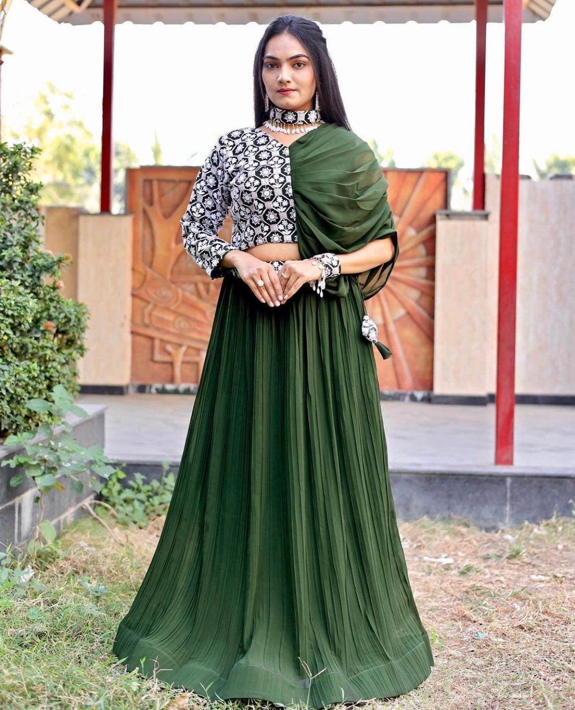 Mehndi Green Color Lehenga With Fancy Readymade Blouse