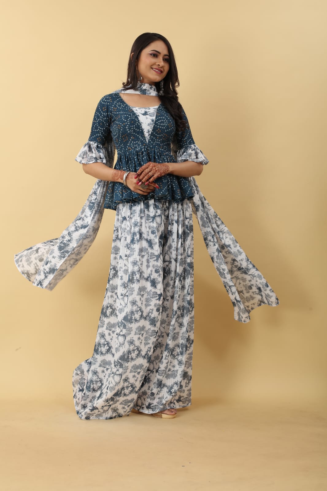 Adorable Teal Blue With White Color Bandhani Printed Plazzo Suit