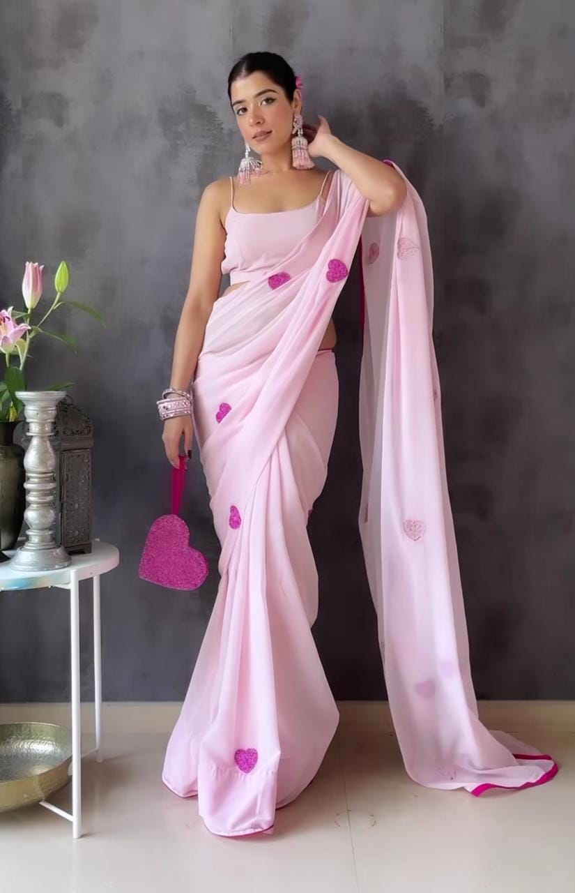 Party Wear heart Shape Khatli Work Baby Pink Saree