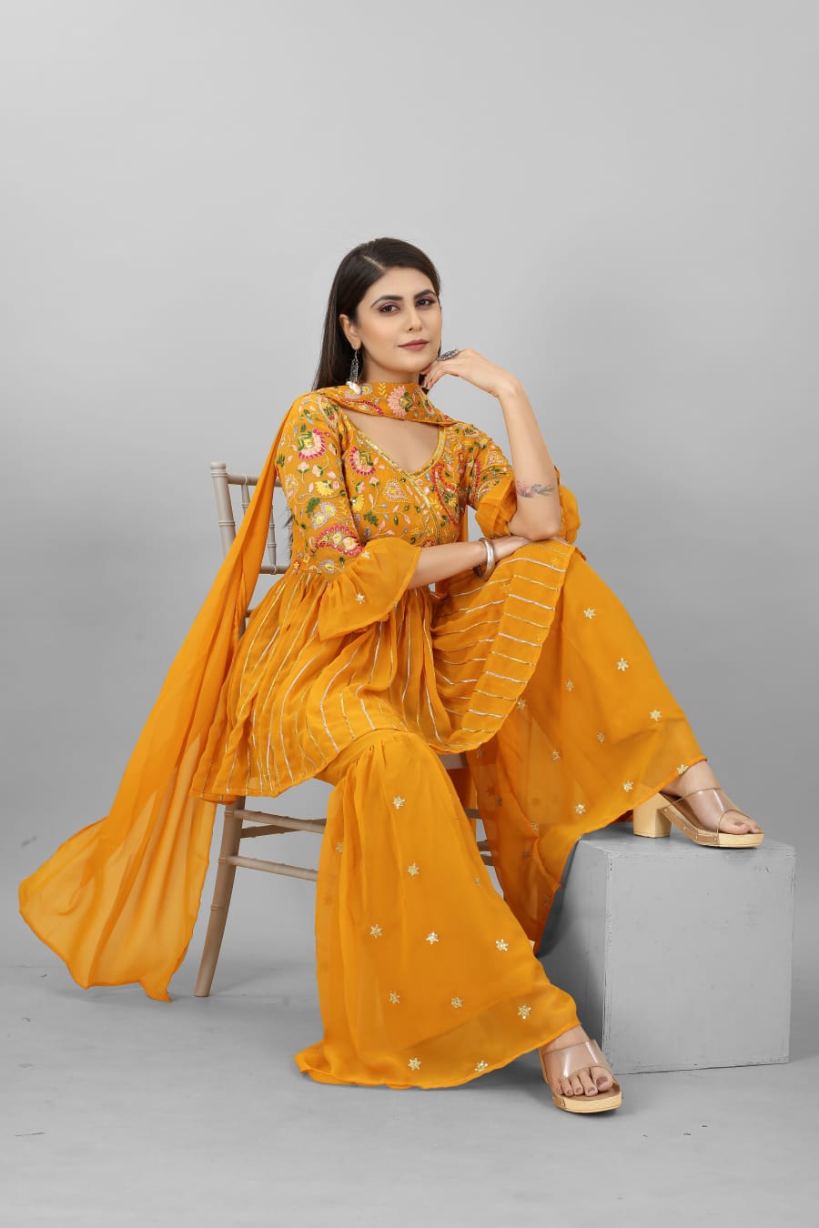 Mustard Color Sequence Embroidery Work Plazzo Suit