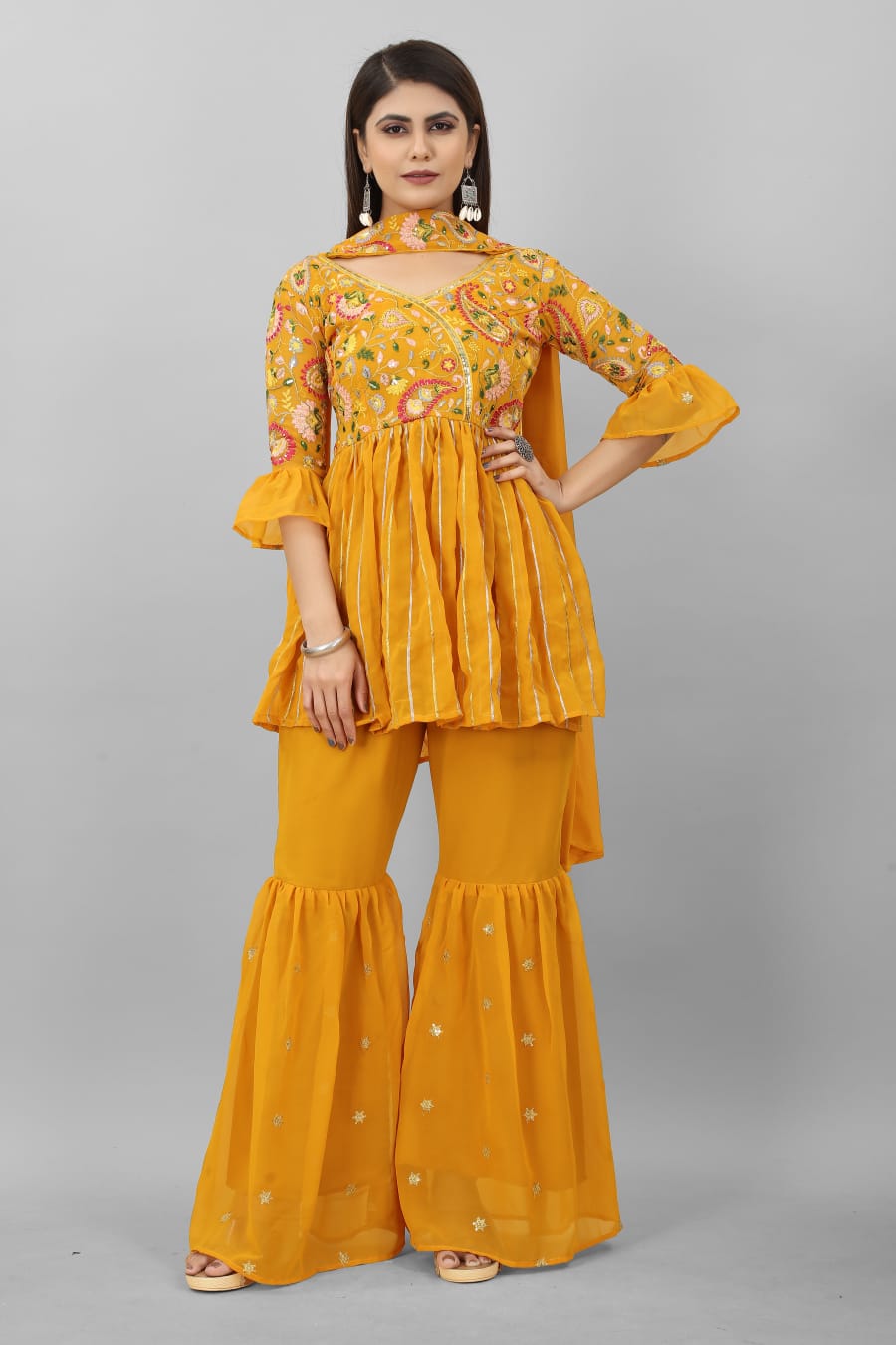 Mustard Color Sequence Embroidery Work Plazzo Suit
