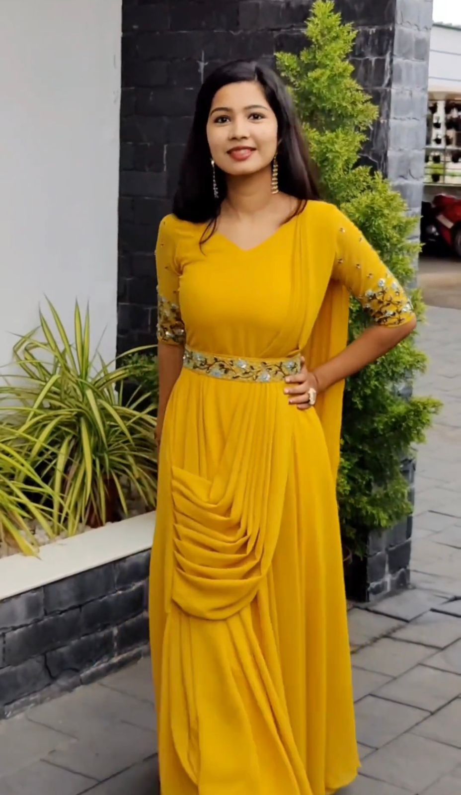 Decent Hend Khatli Work Yellow Color Gown