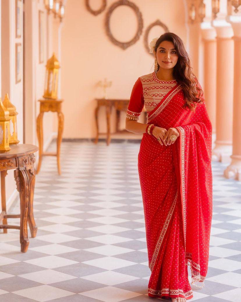 Awesome Embroidery Sequence Work Red Color Saree