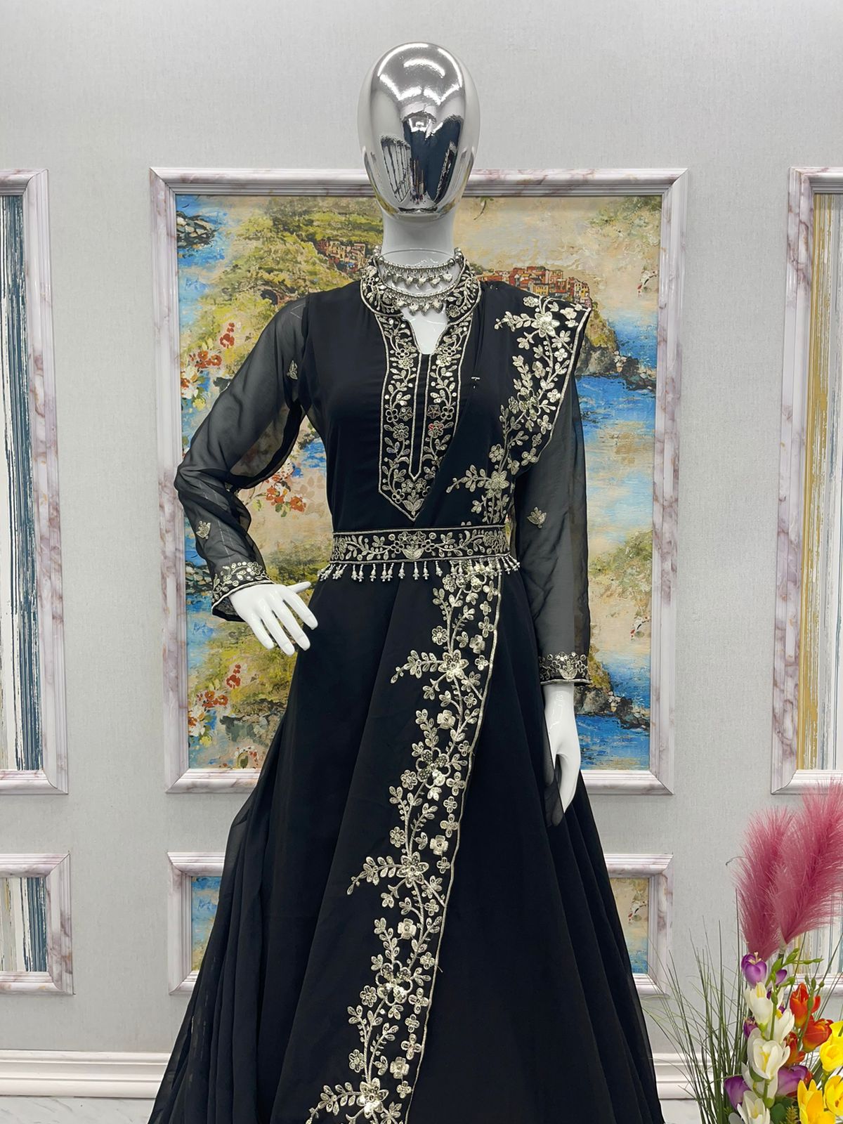 Captivating Embroidery Work Black Color Gown