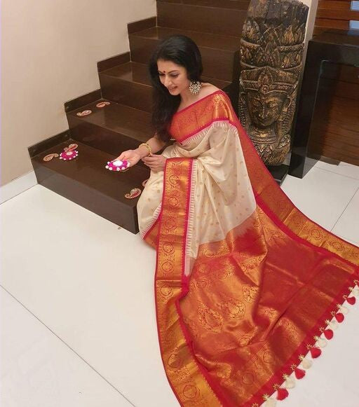 Festive Wear White With Red Color Beautiful Saree