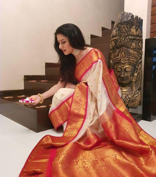 Festive Wear White With Red Color Beautiful Saree