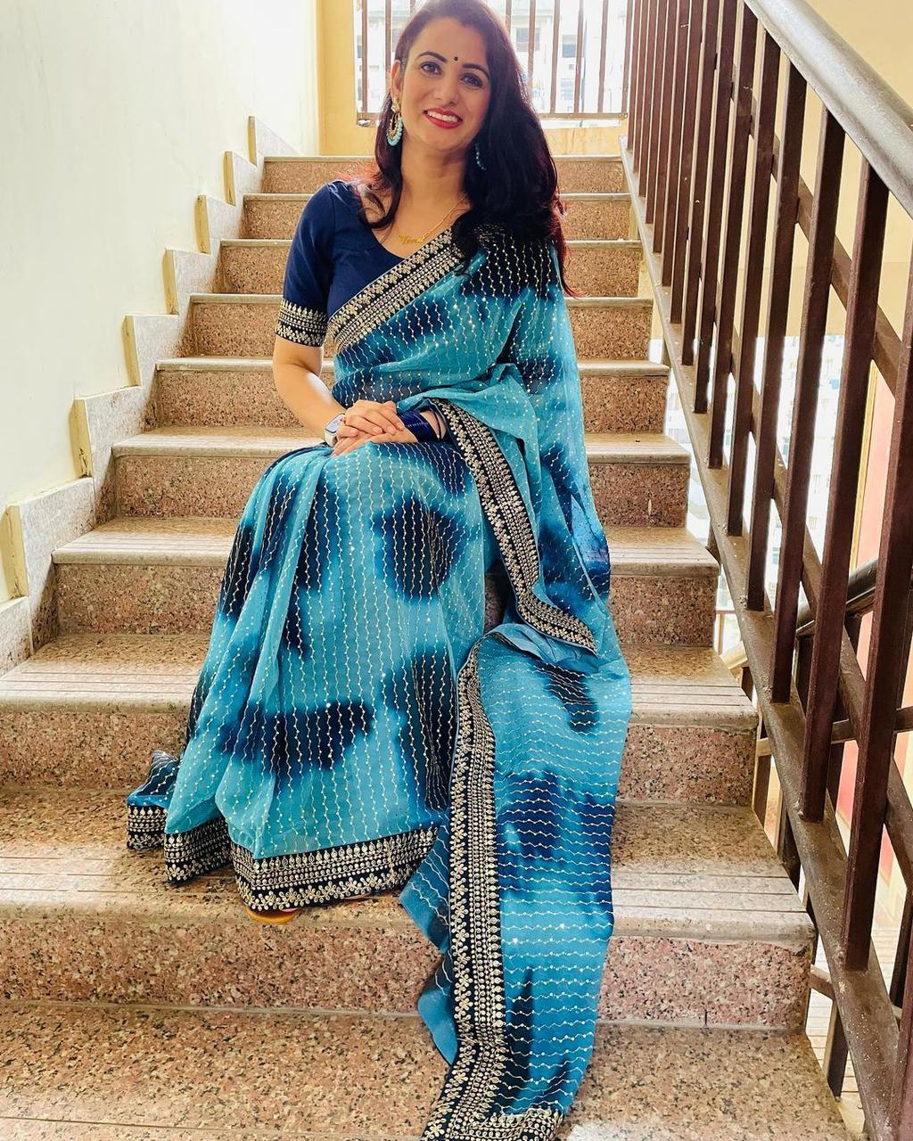 Superhit Blue Color Embroidery Sequin Work Printed Saree
