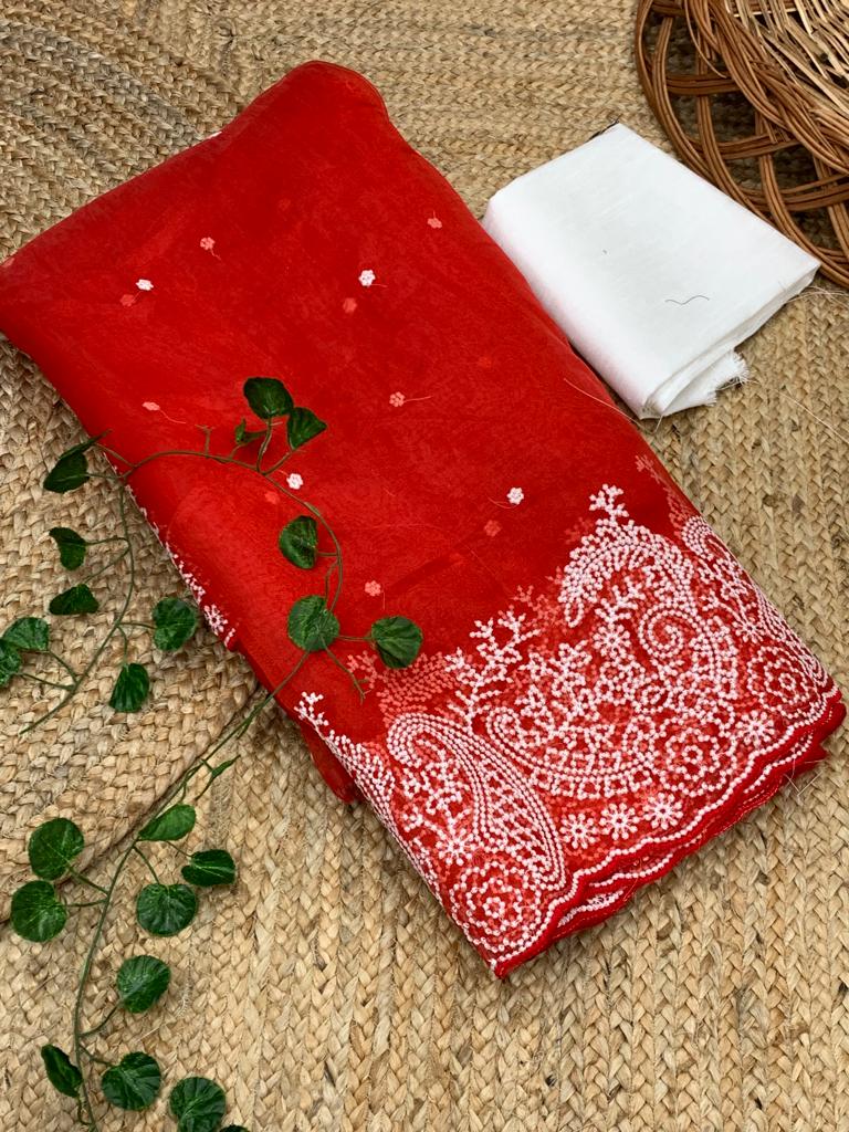 Red Color Embroidery Cut Work Organza Saree