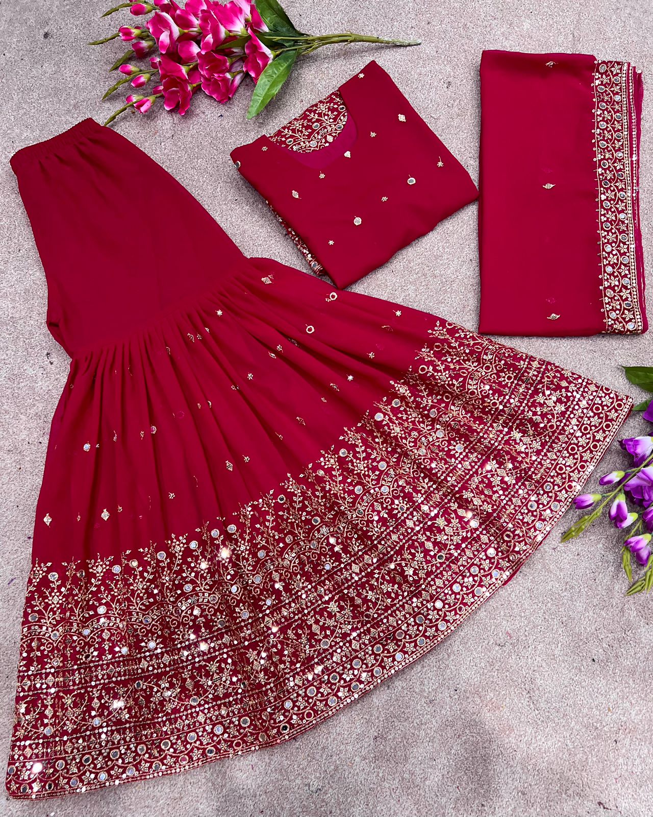 Awesome Embroidery Sequence Red Color Sharara Suit