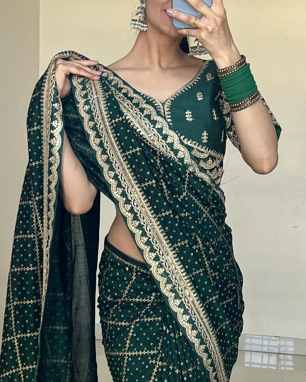 Wedding Wear Embroidery work Green Color Saree