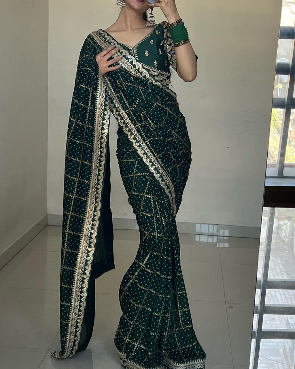 Wedding Wear Embroidery work Green Color Saree