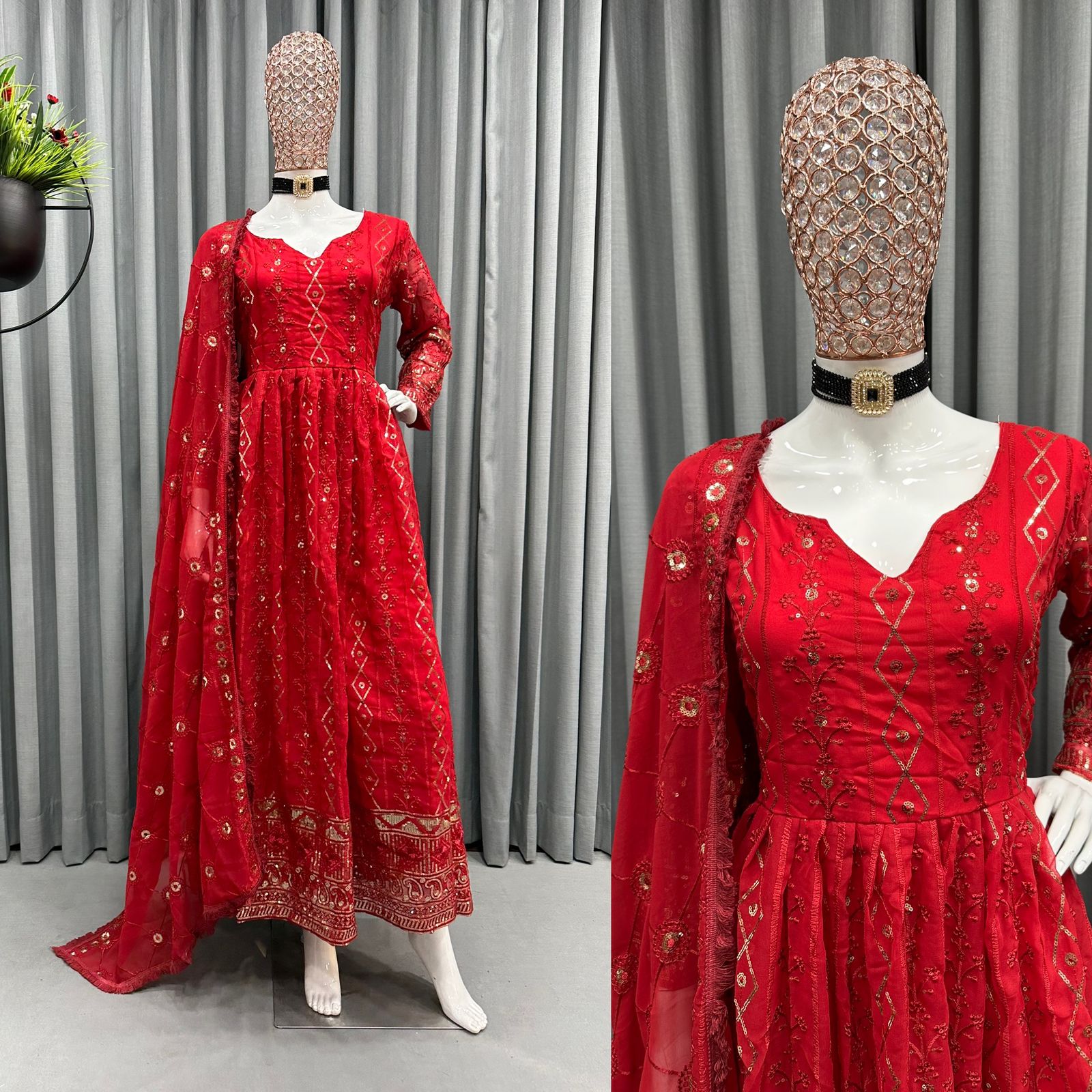 Red Color Sequence Work Fancy Gown