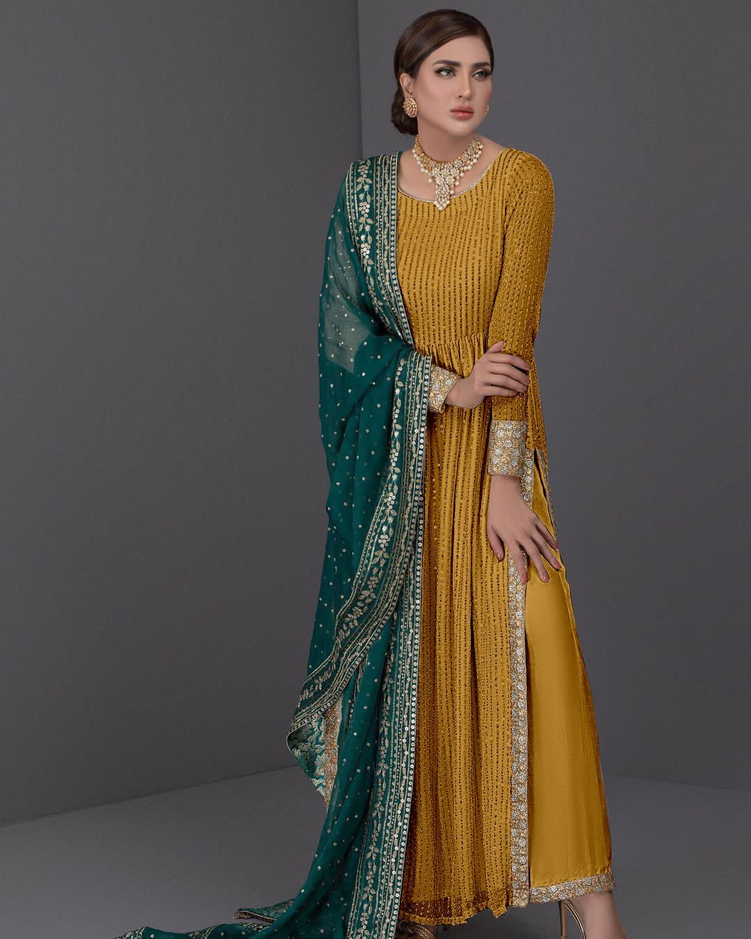 Trendy Yellow Color Sequence Suit With Green Dupatta