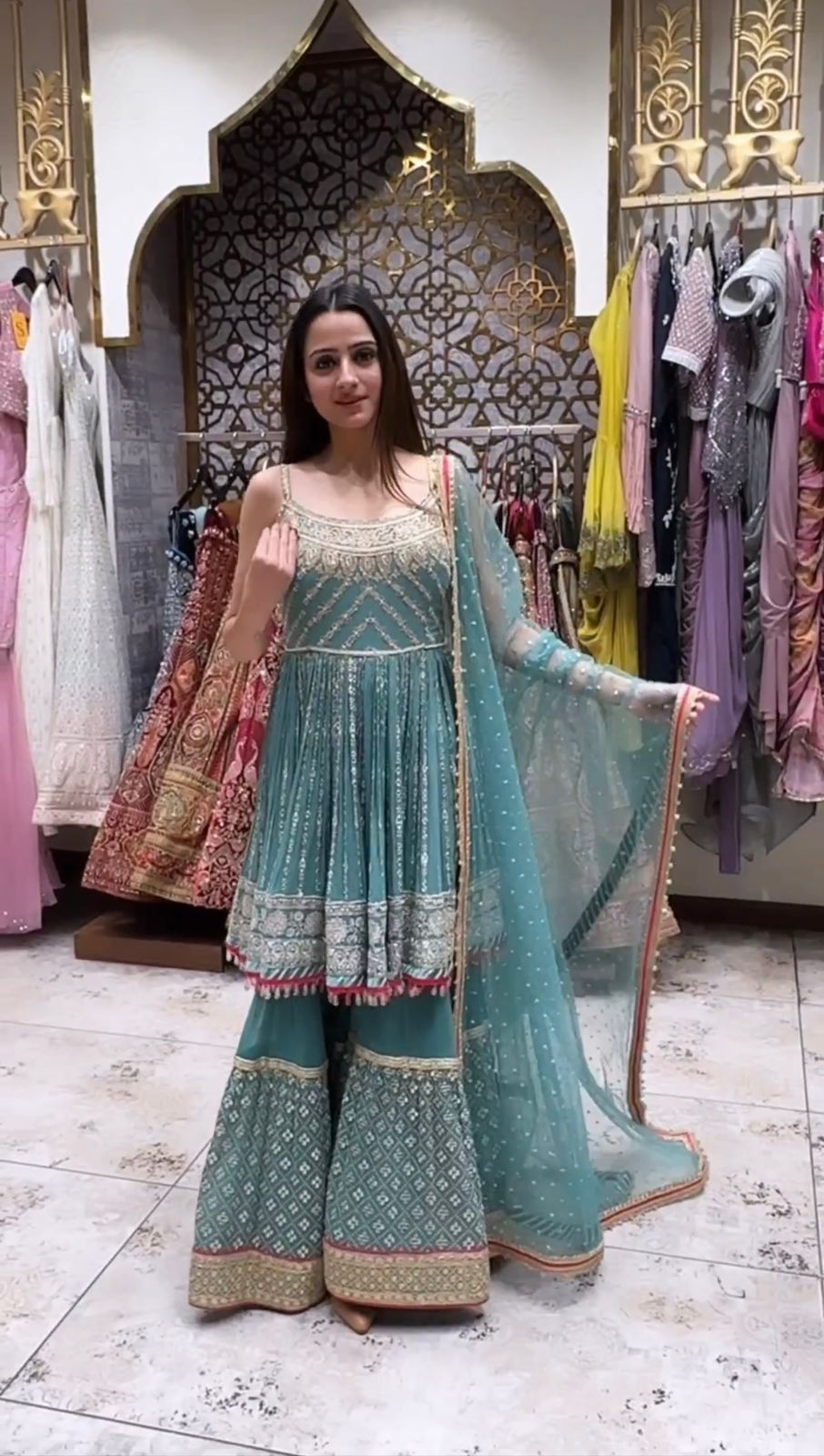 Gorgeous Full Work Sky Blue Color Sharara Suit