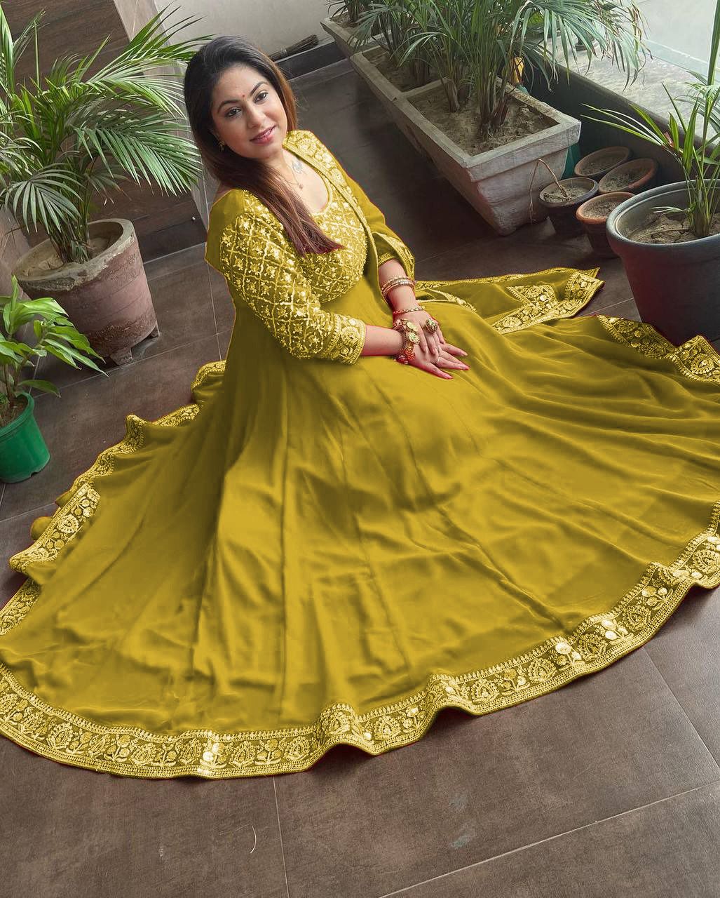 Yellow Color Sequence Embroidery Work Gown