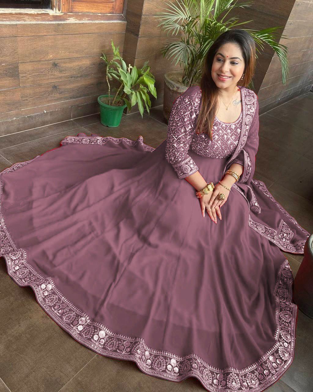 Dusty Pink Color Sequence Embroidery Work Gown