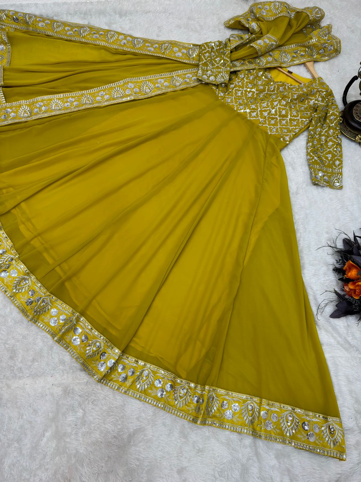 Yellow Color Sequence Embroidery Work Gown