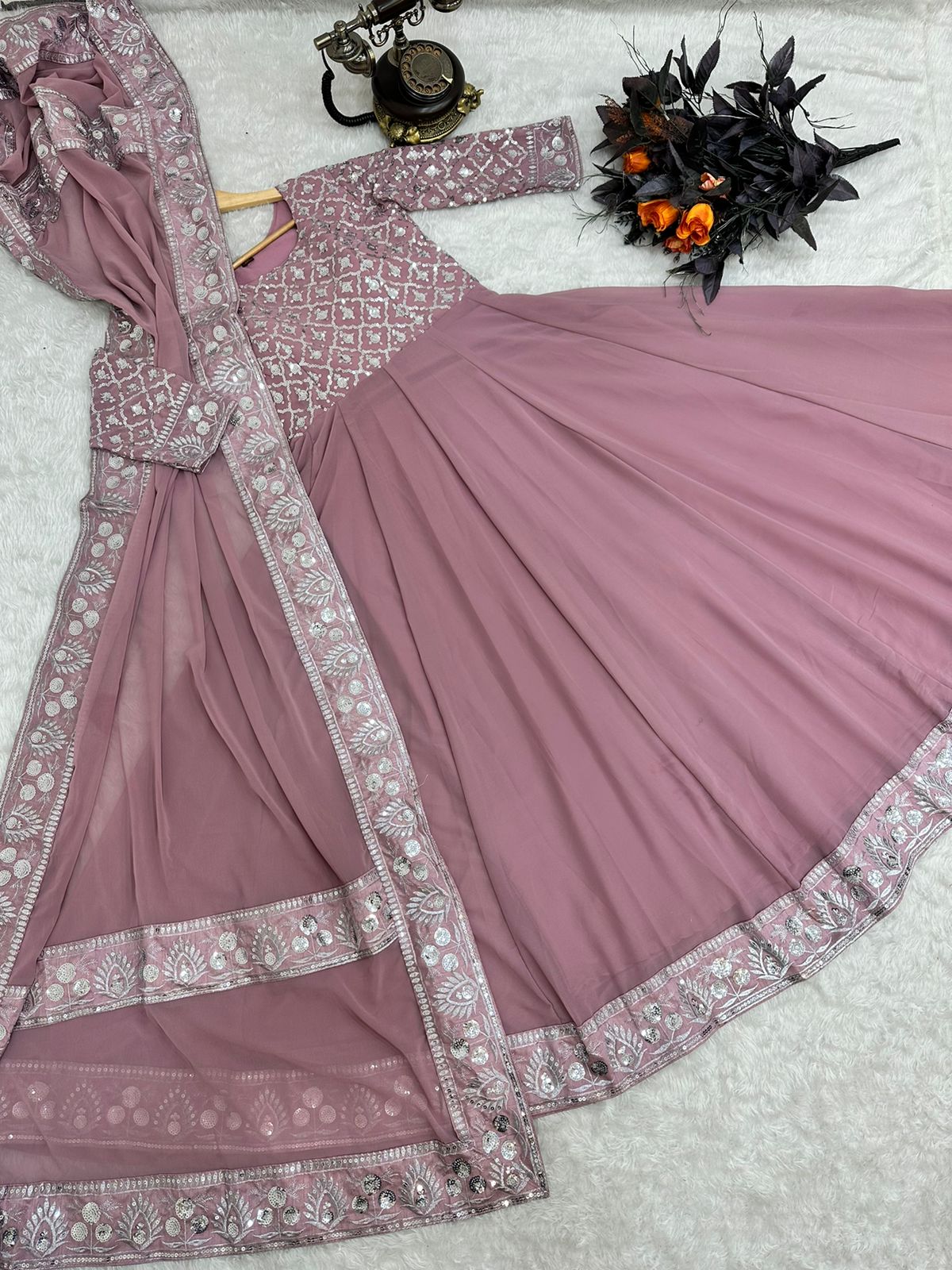 Dusty Pink Color Sequence Embroidery Work Gown