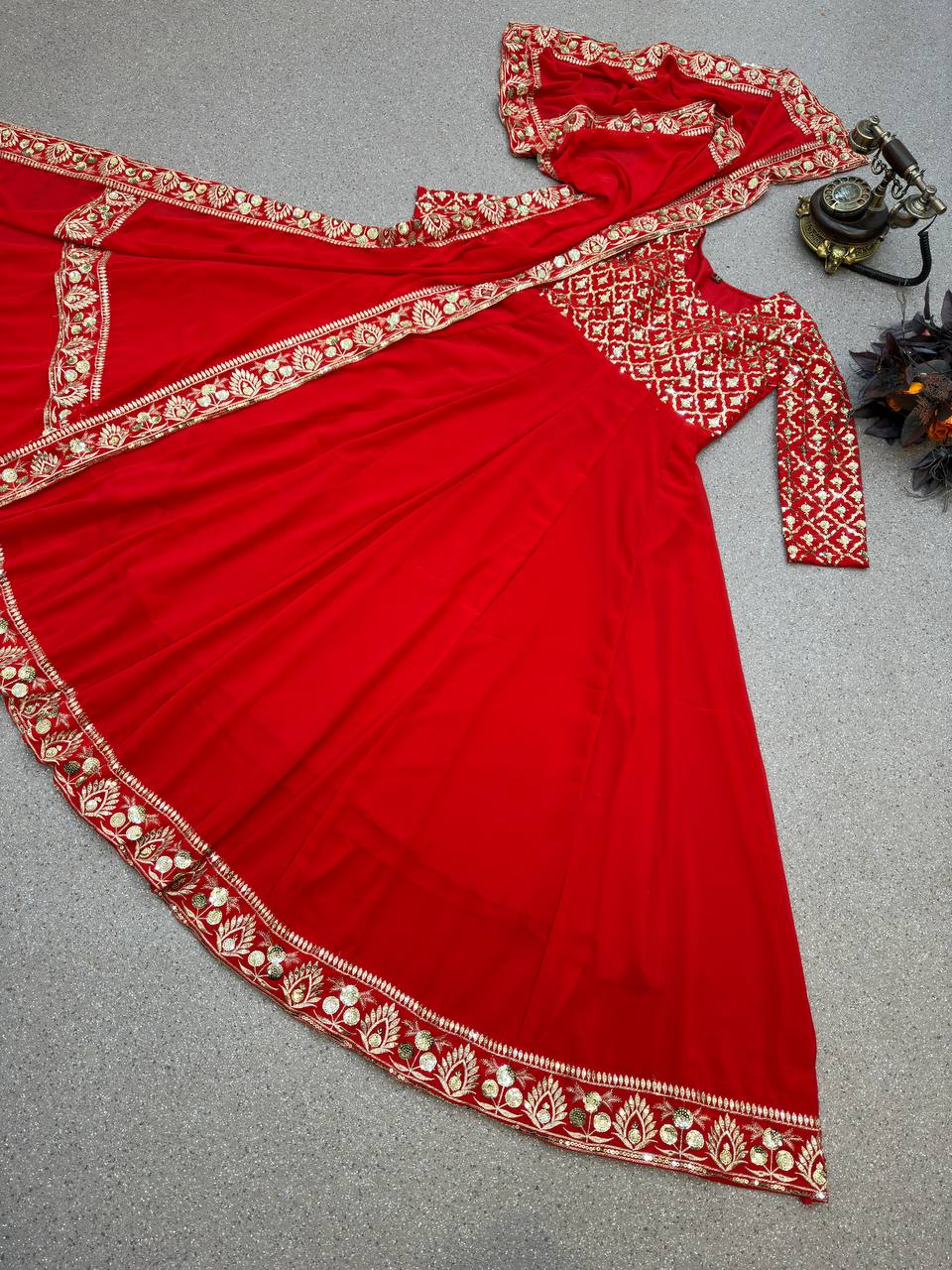 Red Color Sequence Embroidery Work Gown