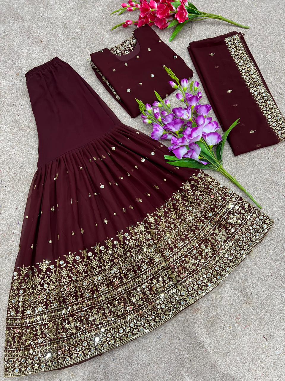 Awesome Embroidery Sequence Wine Color Sharara Suit