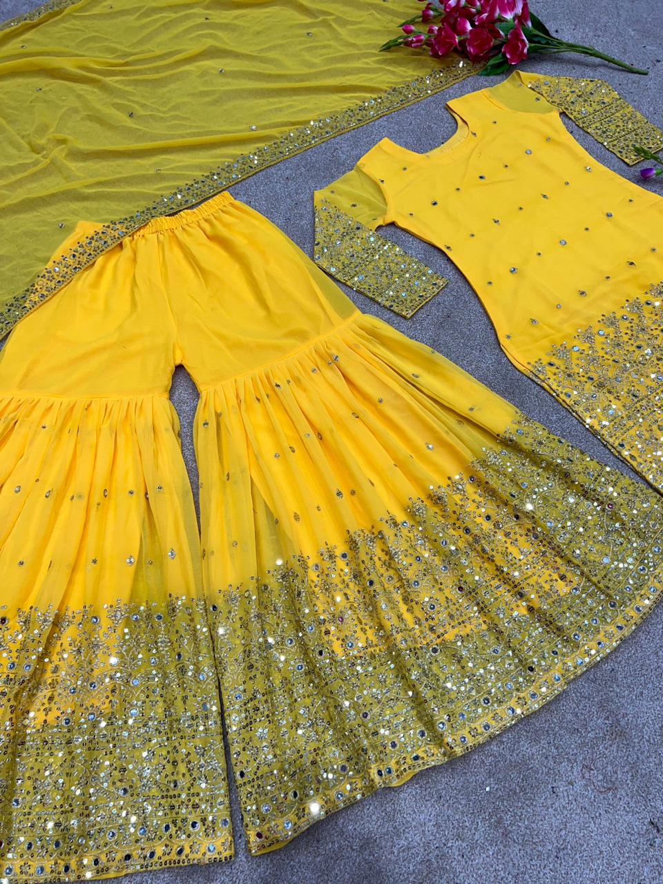 Awesome Embroidery Sequence Yellow Color Sharara Suit