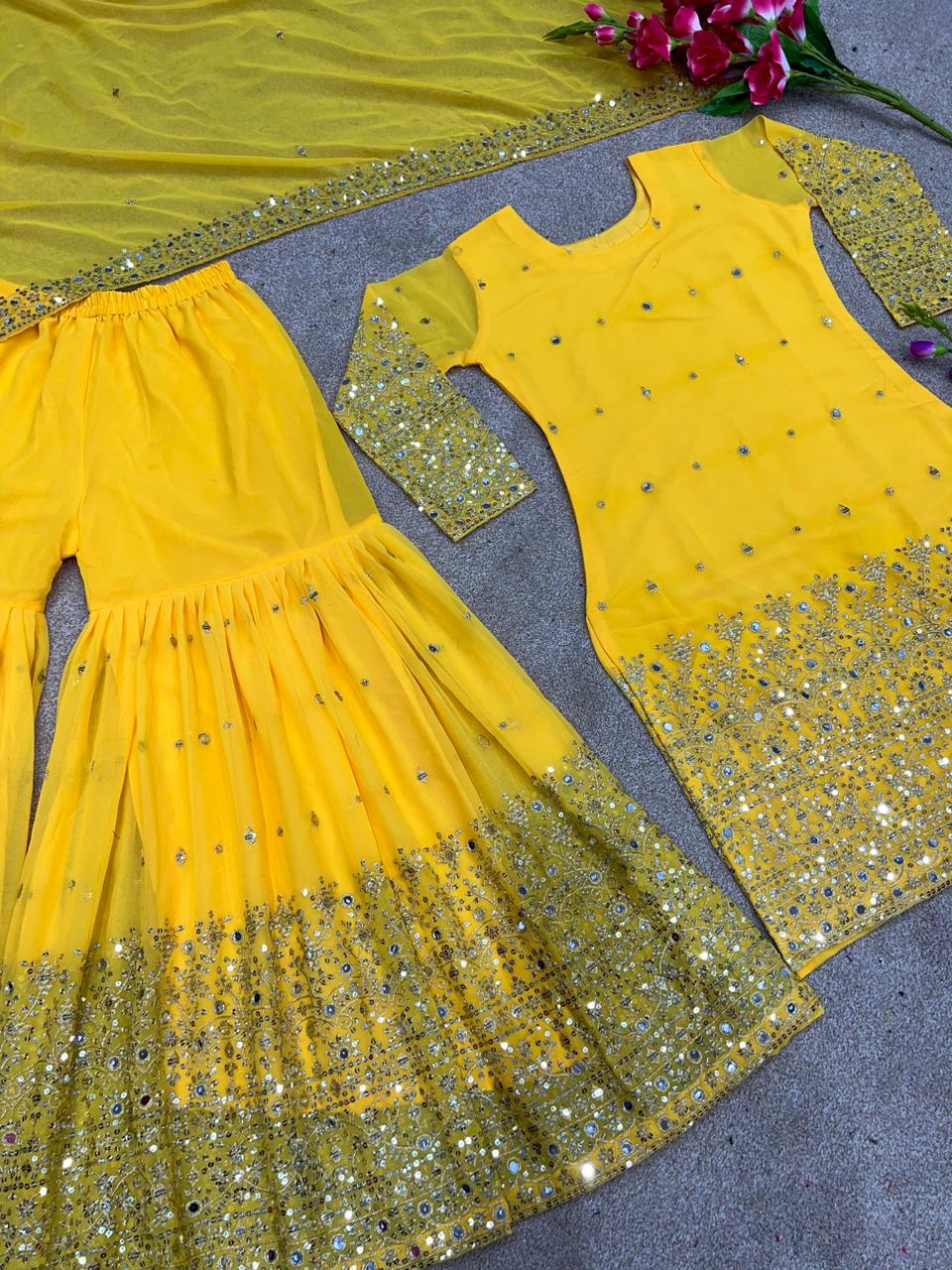 Awesome Embroidery Sequence Yellow Color Sharara Suit