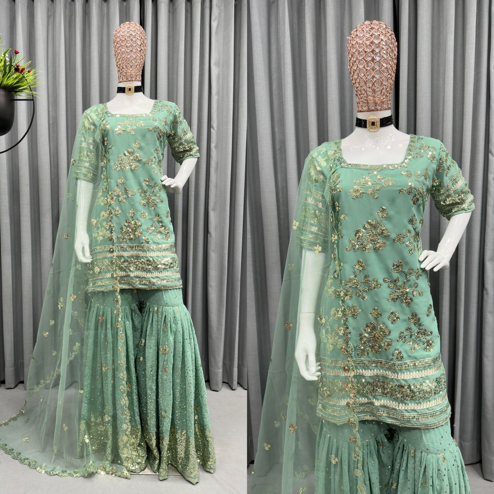 Adorable Sequence Work Pista Green Color Sharara Suit