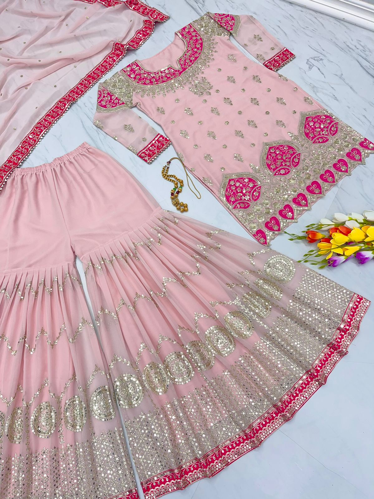 Light Pink Sequence Work Outstanding Sharara Suit